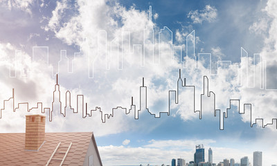 Concept of real estate and construction with drawn silhouette on big city background