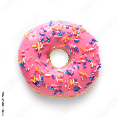 "Pink frosted donut with colorful sprinkles isolated on white bac" Stock photo and royaltyfree