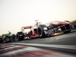 Motorsport competitieve teamraces. Snel bewegende raceauto& 39 s racen over de baan. 3D-rendering. Met ruimte voor tekst of kopieerruimte