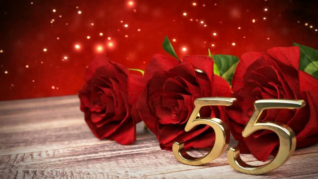 seamless loop birthday background with red roses on wooden desk. fiftyfifth birthday. 55th. 3D render