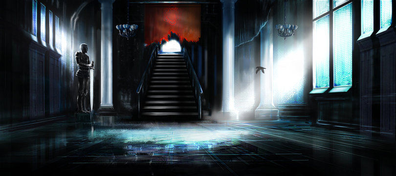 Drawings empty abandoned hall of castle