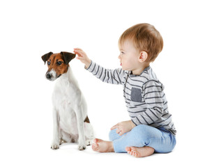 Cute little boy with funny dog on white background