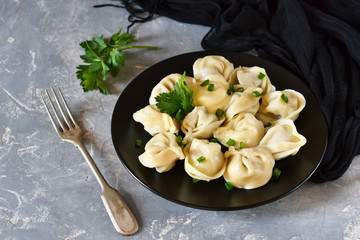 Homemade ravioli stuffed with meat on a gray background