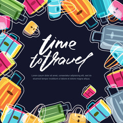 Vector square black banner, poster, flyer design template with multicolor luggage, suitcase, bags and calligraphy lettering. Hand drawn frame. Trendy concept for summer travel and tourism background