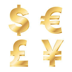 vector illustration of four currency signs in gold
