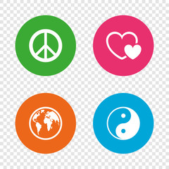 World globe icon. Ying yang sign. Hearts love.