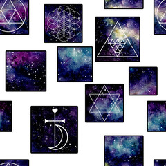 Watercolor Sacred Geometry in Squares Seamless Pattern