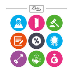 Real estate, auction icons. Home key sign.