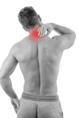 Man with neck pain over white background