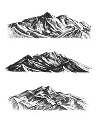 big set of mountains peaks, vintage, old looking hand drawn, sketch or engraved style, different versions for hiking, climbing.