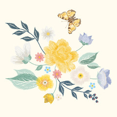 Embroidery simplified floral pattern with butterfly and flowers. Vector asymmetrical traditional trend fashion ornament with leaves and various plants on beige background.