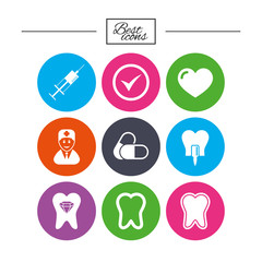 Tooth, dental care icons. Stomatology signs.