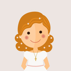 Girl communion foreground with curly hair on ochre background