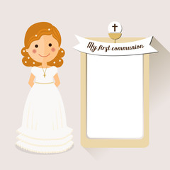 My first communion invitation with curly hair girl on ochre background