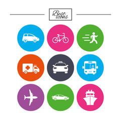 Transport icons. Car, bike, bus and taxi signs.