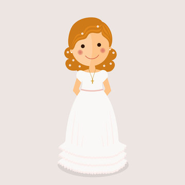 Girl communion with curly hair on ochre background