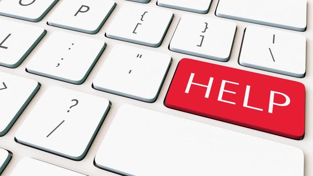 White computer keyboard and red help key. Conceptual 4K clip