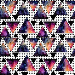 Seamless Pattern of Watercolor Triangles on Polka Dot Background