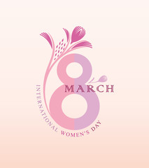 8 March. Vector card with figure eight and gently pink flower. International Women's Day. 
