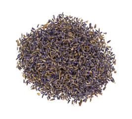 Top view of dried lavender flower petals isolated on a white background.