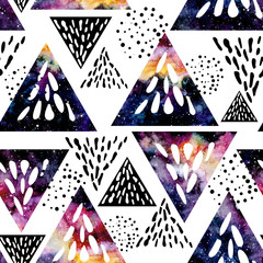 Seamless Pattern of Watercolor Black and Colorful Triangles