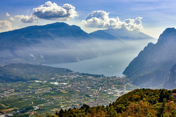 Panorama of the gorgeous Lake Garda surrounded by mountains in Riva del Garda, Garda Lake aerial...