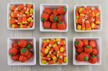 Six Square Bowls of Candy Corns and Pumpkins