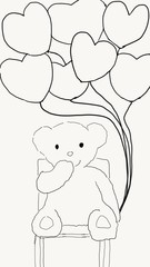 hand draw doodle line bear doll sitting on chair with many hearts shape balloon, illustration, love concept