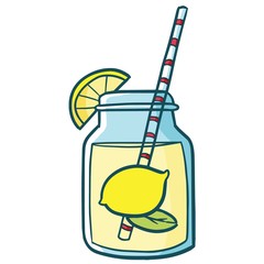 Funny lemon lemonade cartoon with glass and straw in summer - vector.