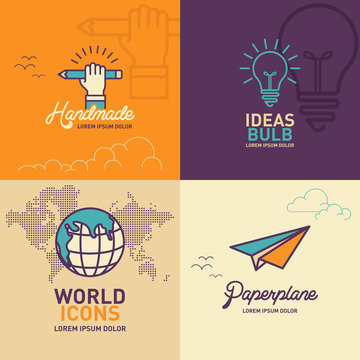 Education Flat Icons, Hand Holding Pencil Icon, Light Bulb Icon, World Icon, Paper Plane Icon  / Vector Illustration Eps-10.