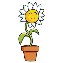 Funny and cute sunflower smiling in the pot - vector.
