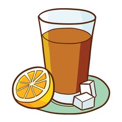 Lemon tea with orange slice and sugar around it - vector.