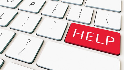 White computer keyboard and red help key. Conceptual 3D rendering