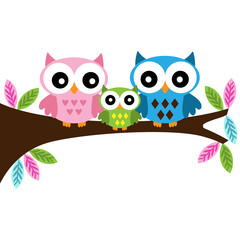 Owls family sitting on a branch