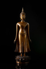 standing buddha statue portrait isolated on black
