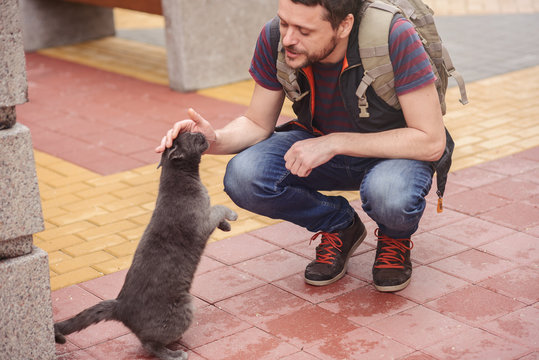 Man Walking With A Cat In The City