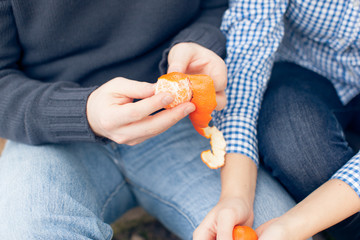 Young couple eating mandarins