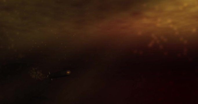 Submarine Torpedo launches by camera in underwater environment in amber sunlight