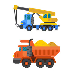 Tipper truck and construction crane industry vector illustration.