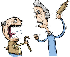 Arguing cartoon senior citizen couple shout at and threaten one another.
