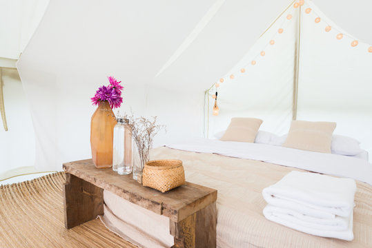 Inside A Large White Tent Camp