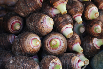 group of stcking raw Taro (Yautia Lila), close-up fresh taro in fresh market
