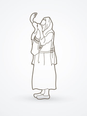 Jew blowing the shofar side view outline graphic vector.