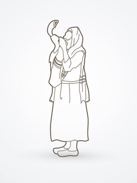 person blowing shofar, line art clip art preview