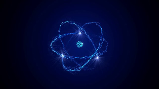 Flying electrons looped animated abstract background 4K video. Atom model animation.