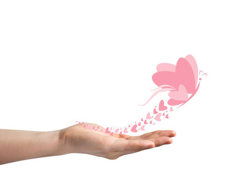Love concept of young woman holding heart butterflies on white background for valentines day