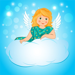 Illustration A Little Girl Angel Wings On A Cloud. Cute Fairy Cartoon Greeting Card. Girl Angel Costume. Immortal Love. My Sweet Angel. Girl With Wings.