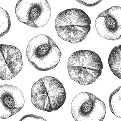 Seamless pattern design or background with peach. Hand drawn illustration by ink and pen sketch set. Design for fruit and vegetable products and health care goods.