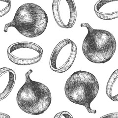 Seamless pattern design or background with onion. Hand drawn illustration by ink and pen sketch set. Design for fruit and vegetable products and health care goods.