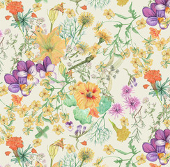 Edible flowers and herbs. Seamless repeat.